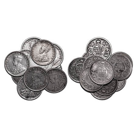 George V, Silver, 1/4 Rupee, (Lot of 11 coins), Calcutta Mint, 1912, 1913, 1917, 1918, 191
