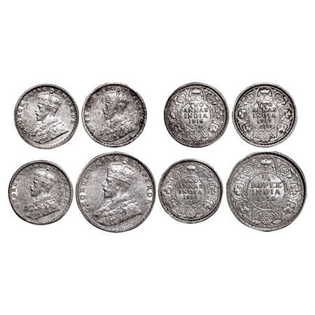 George V, Silver, (4 coins), 1) 1/4 Rupee, 1936, Bombay Mint, Dot, 2) 2 Annas, 1916, Calcu