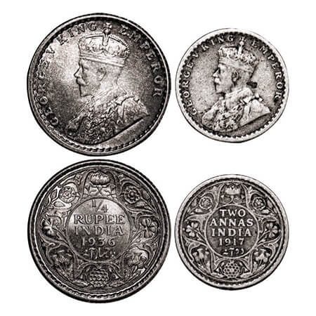 George V, Silver, 1/4 Rupee and 2 Annas, (2 coins), 1936, 1917, Calcutta Mint, No dot. GK 