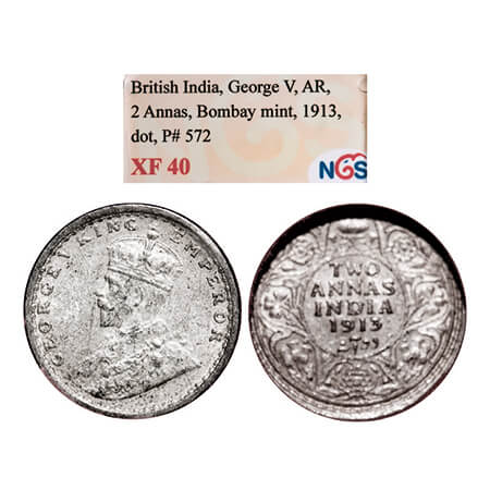 George V, Silver, 2 Annas, 1913, Bombay Mint, Dot, Elephant. GK 1111. NGS Slabbed XF 40. S