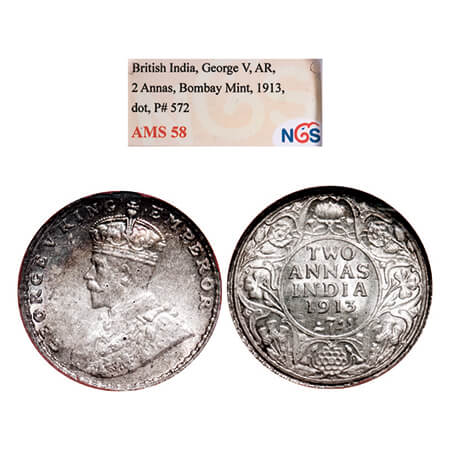George V, Silver, 2 Annas, 1913, Bombay Mint, Dot, Elephant. GK 1111. NGS Slabbed AMS 58. 