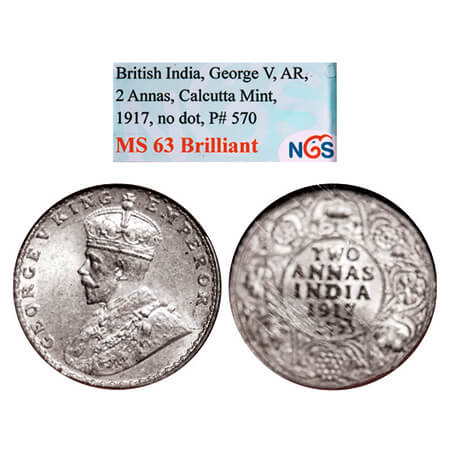George V, Silver, 2 Annas, 1917, Calcutta Mint, No dot. GK 1117. NGS Slabbed MS 63 Brillia