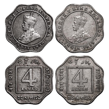 George V, Copper-Nickel, 4 Annas, (2 coins), 1) 1919, Calcutta Mint, No dot, 2) 1920, Bomb