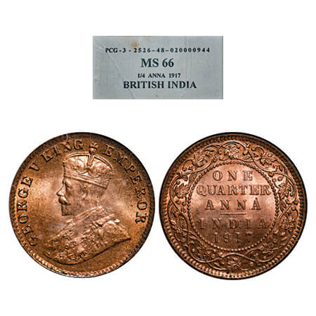 George V, Bronze, Quarter Anna, 1917, Calcutta Mint, No dot. GK 1176. PCG Slabbed MS 66. V