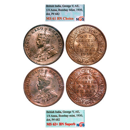 George V, Bronze, Quarter Anna, (2 slabs), 1930, Bombay Mint, Dot, 1) Normal numeral date,