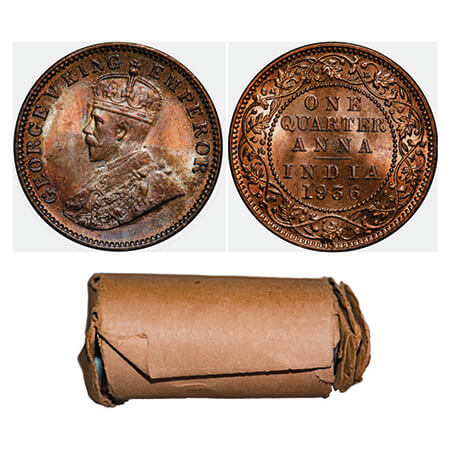 George V, Bronze, Quarter Anna, 1936, Brown paper roll of 32 coins in immaculate grades. G