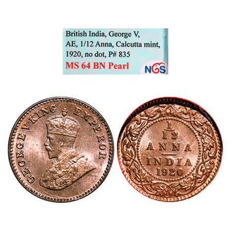 George V, Bronze, 1/12 Anna, 1920, Calcutta Mint, No dot. GK 1231. NGS Slabbed MS 64 BN Pe
