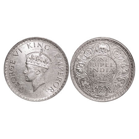 George VI, Silver, Rupee, 1938, Bombay Mint, A/I, No dot, Milled edge. GK 1254. Almost Unc