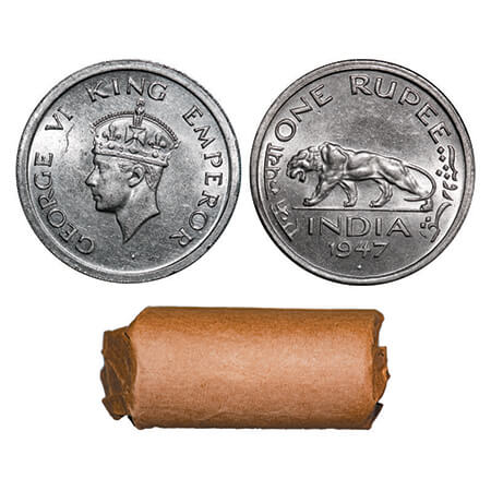 George VI, Nickle, Rupee, 1947, ( roll of 20 coins), Bombay Mint, 20 Coins in a Brown pape
