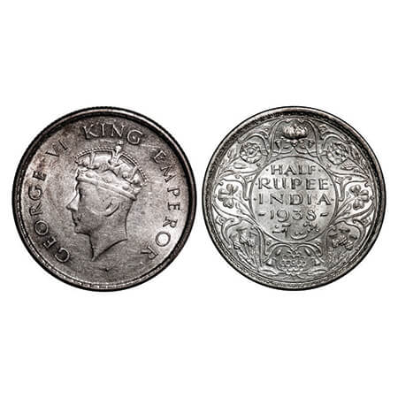 George VI, Silver, Half Rupee, 1938, Bombay Mint, A/I, Head Type I, Dot, Milled edge. GK 1