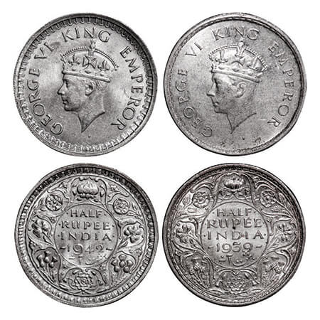 George VI, Mix Metal, Half Rupee, (2 coins), Bombay Mint, with tiny Diamond shape mark eit