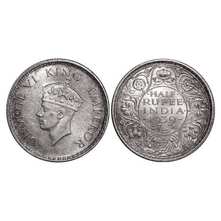 George VI, Silver, Half Rupee, 1939, Calcutta Mint, A(a)/I, No dot, Head Type II, Milled e