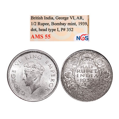 George VI, Silver, Half Rupee, 1939, Bombay Mint, A/I, Dot, Head Type I, Milled edge. NGS 