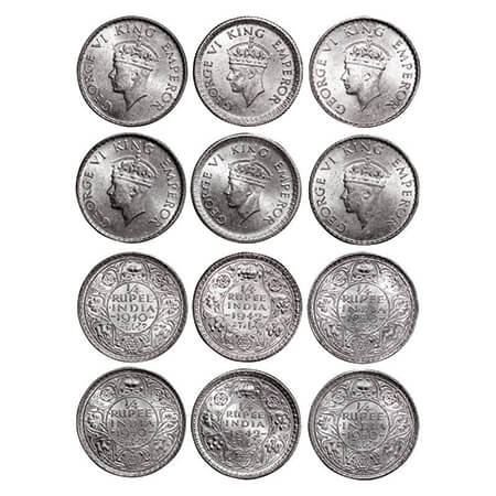 George VI, Half Silver, Quarter Rupee, (lot of 6 coins), 1940 (4), Bombay Mint, Head Type 