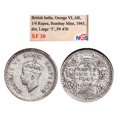 George VI, Half Silver, 1/4 Rupee, 1945, Bombay Mint, Head Type II, Rev II, Dot, Security 
