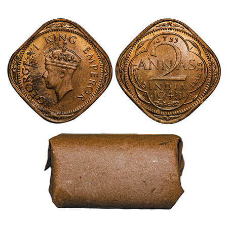 George VI, Nickel-Bronze, 2 Annas, 1943, (Roll of 20 coins), Bombay Mint, 20 Coins in a Br