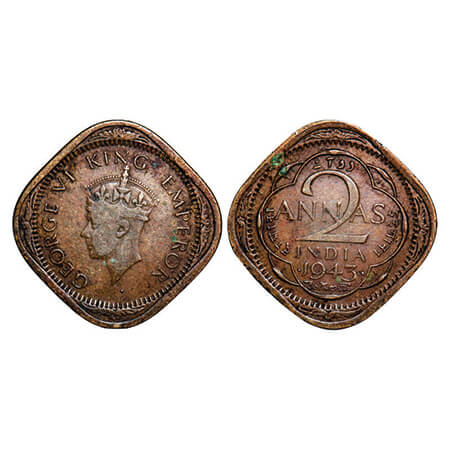 George VI, Brass-Nickel, 2 Annas, 1943, Bombay Mint, Head Type II, Dots by year, Bottom cu