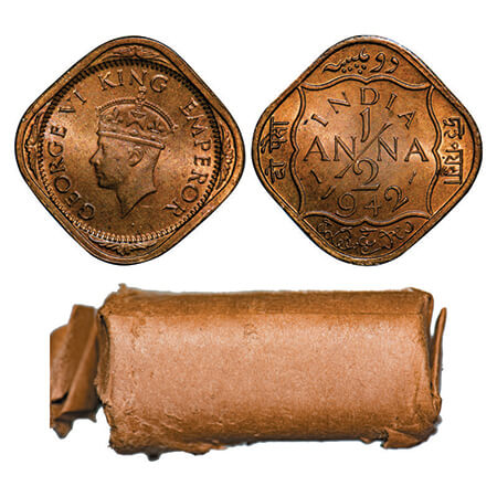 George VI, Brass-Nickel, 1/2 Anna, 1942, (roll of 24 coins), Bombay Mint, 24 Coins in a Br