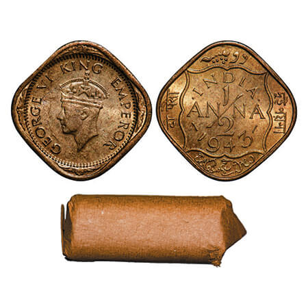 George VI, Nickel-Bronze, 1/2 Anna, 1943, (roll of 24 coins), Calcutta Mint, 24 Coins in a