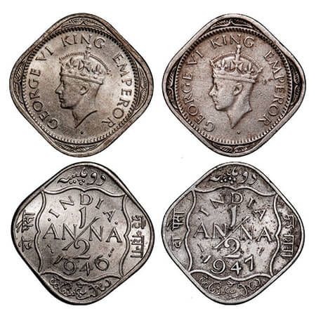 George VI, Copper-Nickel, 1/2 Anna, (2 coins), Bombay Mint, 1) 1946, Dots by India, Dash-D
