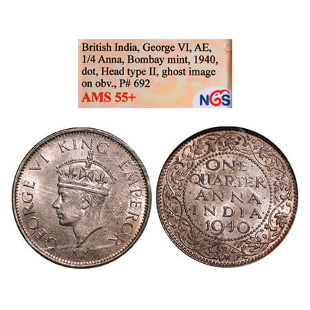 George VI, Bronze, Quarter Anna, 1940, Bombay Mint, head Tyoe II, Dot, Ghost image on Obv
