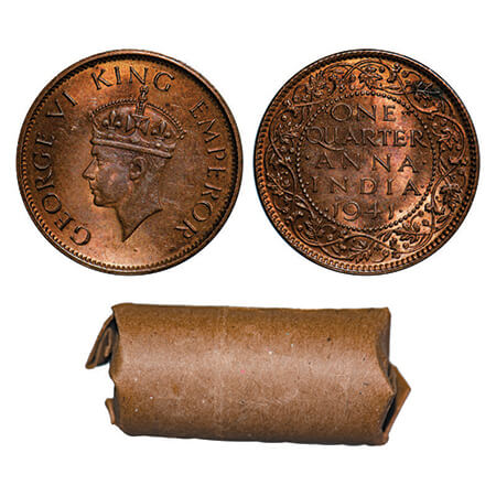George VI, Bronze, Quarter Anna, 1941, (roll of 32 coins), Calcutta Mint, 32 Coins in a Br