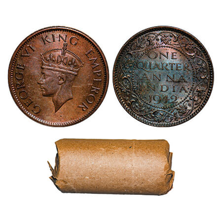 George VI, Bronze, Quarter Anna, 1942, (roll of 32 coins), Calcutta Mint, 32 Coins in a Br