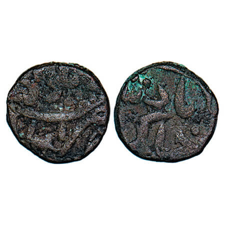 Jahangir, Copper Gujarat fabric Trambiya, 3.17g, Delwara Mint, mint name on both the denom