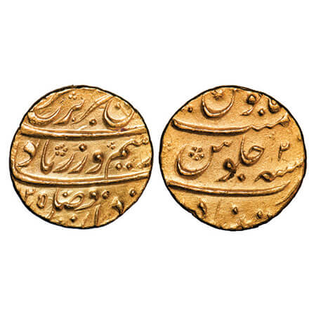 Farrukhsiyar, Gold Mohur, 10.90g, Khujista Buniyad Mint, AH (1)125/2 RY. KM 390.19. Extrem