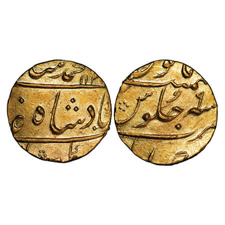 Muhammad Shah, Gold Mohur, 11.09g, Ahmadabad Mint, AH 114x/9 RY. KM 438.26. Almost Mint St