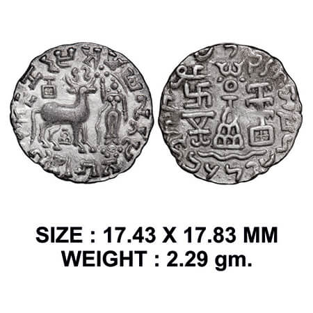 Kunindas, Amoghabhuti (c. 200 BC), Silver Drachma, 2.29g, Three arched hill with parasol u