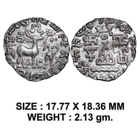 Kunindas, Amoghabhuti (c. 200BC), Silver Drachama, 2.13g, Three arched hill with parasol u