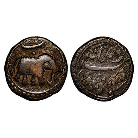 Mysore, Tipu Sultan, Copper Paisa, 11.22g, Nagar Mint, AM 1225/2 'Be' RY above elephant to