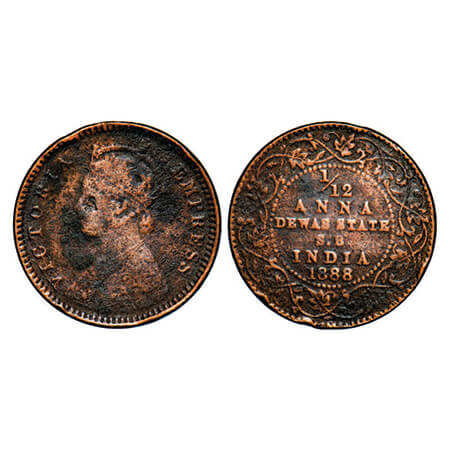 Dewas Senior, Copper 1/12 Anna, 1.89g, Narayan Rao (c. 1864-1892 AD), Crowned bust of Vict