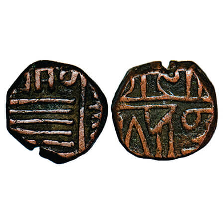 Porbandar, Copper Trambiyo, 1.96g, INO Muzaffar Shah, Sri Rana in nagari below. KM Y31. Ve