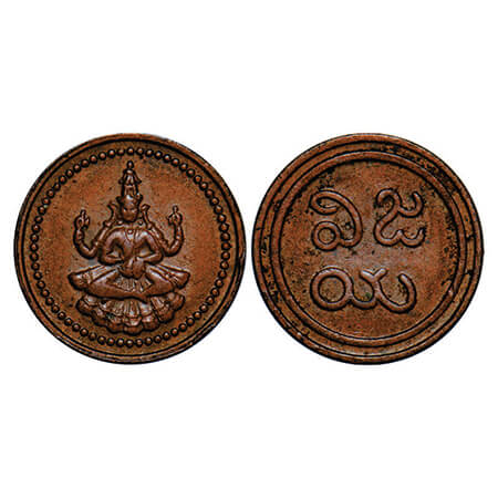 Pudukkottai, Copper Aman Cash, 1.23g, Martanda Bhairana, Seated Goddess Brihadamba Facing,
