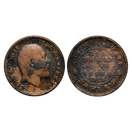 Sailana, Copper 1/4 Anna, 4.56g, Jaswant Singh (1890-1919 AD), 1908 AD, bust of Edward VII