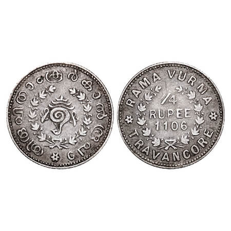 Travancore, Silver ¼ Rupee, 2.59g, Rama Varma VI (ME 1062-1101 / 1885-1924 AD), ME 1106 (1