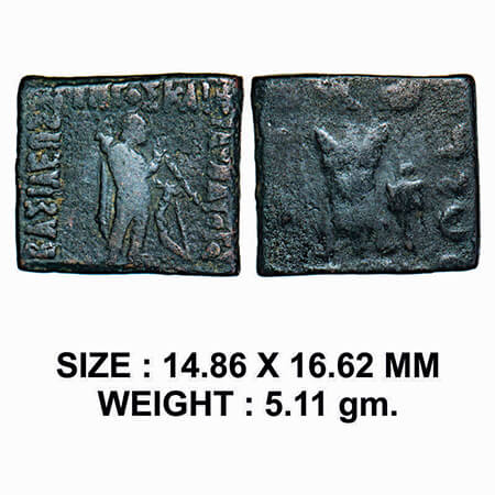 Indo-Greeks, Hippostratos (c. 80-60 BC), Square Copper, 5.11g, Obv: Apollo with quiver on 