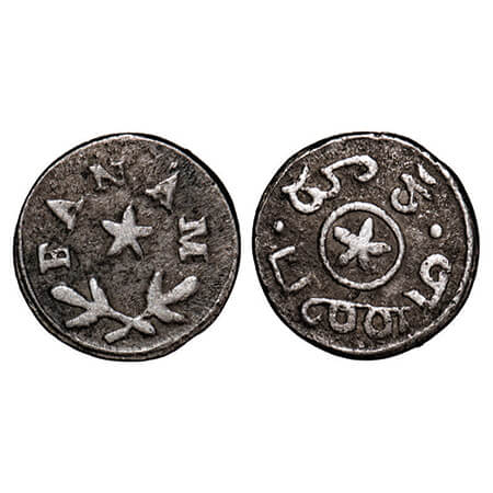 Madras Presdiency, Silver, 0.80g, Fanam, (1807 AD First Issue), Obv: star between crossed 