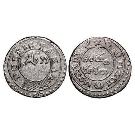 Madras Presidency, Silver Double Fanam, 1.79g,(1808 AD Second Issue), Obv: Two Vertical li