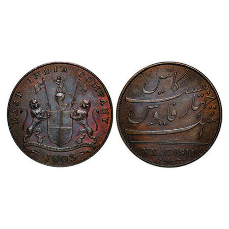 Madras Presidency, Copper XX (Twenty) Cash, 12.65g (Heavy Issue), Struck at Soho Mint, 180
