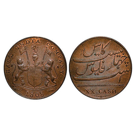 Madras Presidency, Copper XX (Twenty) Cash, 9.01g (Light Issue), struck at Soho Mint, 1808
