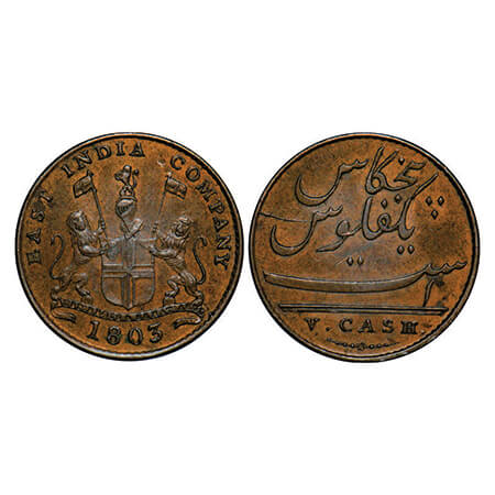 Madras Presidency, Copper V (Five) Cash, 3.09g, Struck at Soho Mint, 1803 AD, Obv: Coat of