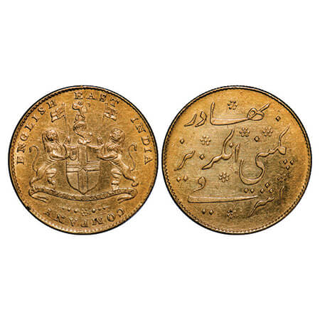 Madras Presidency, Gold Ashrafi, 11.64, (1819 AD Issue), Obv; Lion, Coat of Arms of Englis