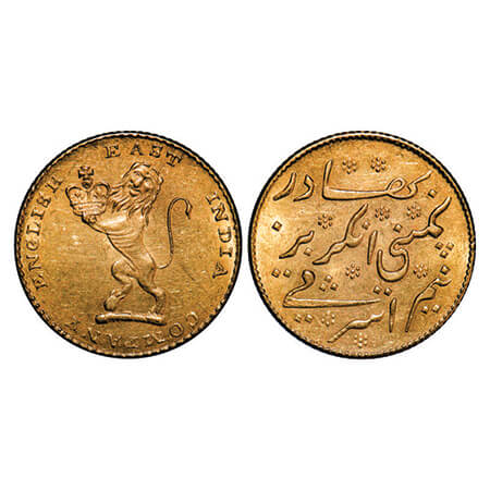 Madras Presidency, Gold ½ (Half) Ashrafi, 5.83g, (1819 AD Issue), Obv; Lion, Coat of Arms 