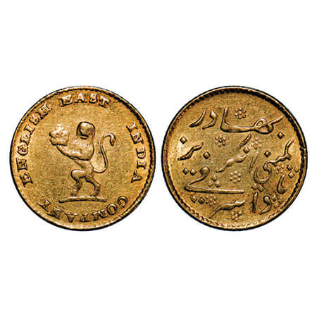 Madras Presidency, Gold 1/4th (Quarter) Ashrafi, 2.92g, (1819 AD Issue), Obv; Lion, Coat o