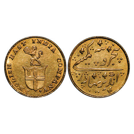 Madras Presidency, Gold 1/3rd (Five Rupees) Ashrafi, 3.91g, (1819 AD Issue), Obv; Lion sta