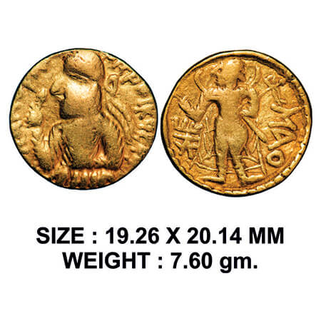 Kushanas, Huvishka, Gold Dinar, 7.60g, Obv: Half length bust of the king seated on clouds 