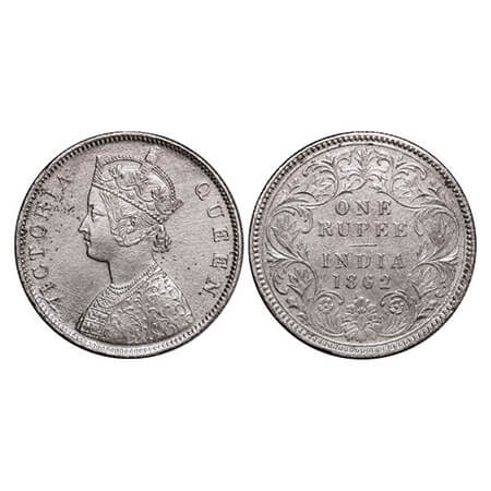 Victoria Queen, Silver, Rupee, 1862, Calcutta Mint, B/III, Embroidery in high relief. GK 2